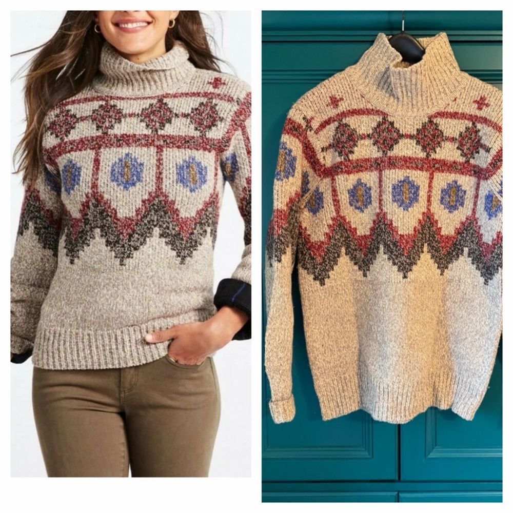 LL Bean Womens Signature Lambs Wool Turtleneck Sweater Pullover Fair Isle Medium